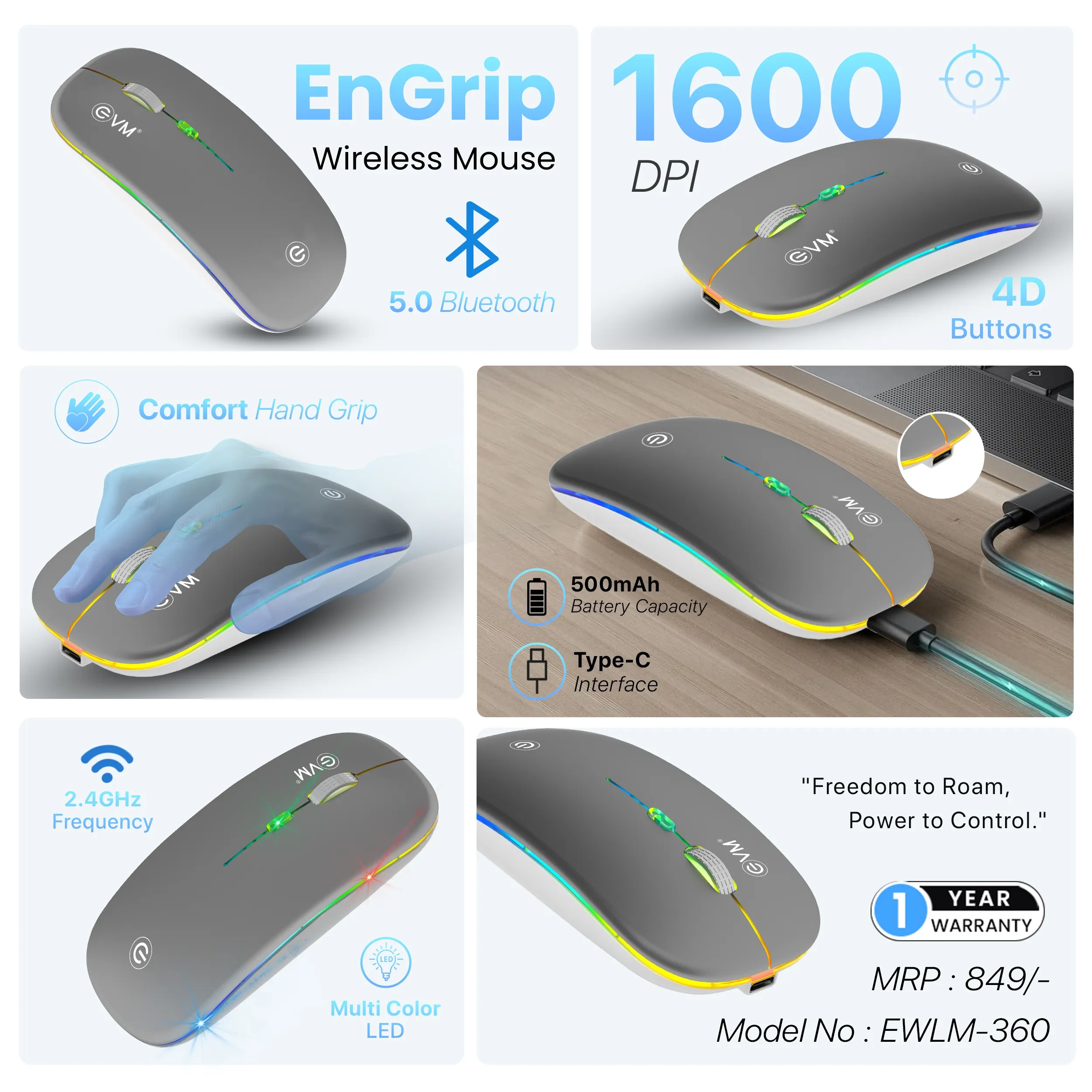 EVM Wireless + BT Mouse Rechargeable EnGrip EWLM 360 (With Type C) Silver view 3